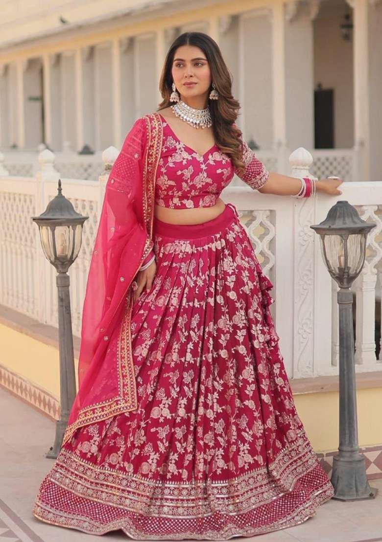 Rani Pink Viscose Lehenga Set with Embroidered for Diwali | Wedding & Festive Wear - Indya