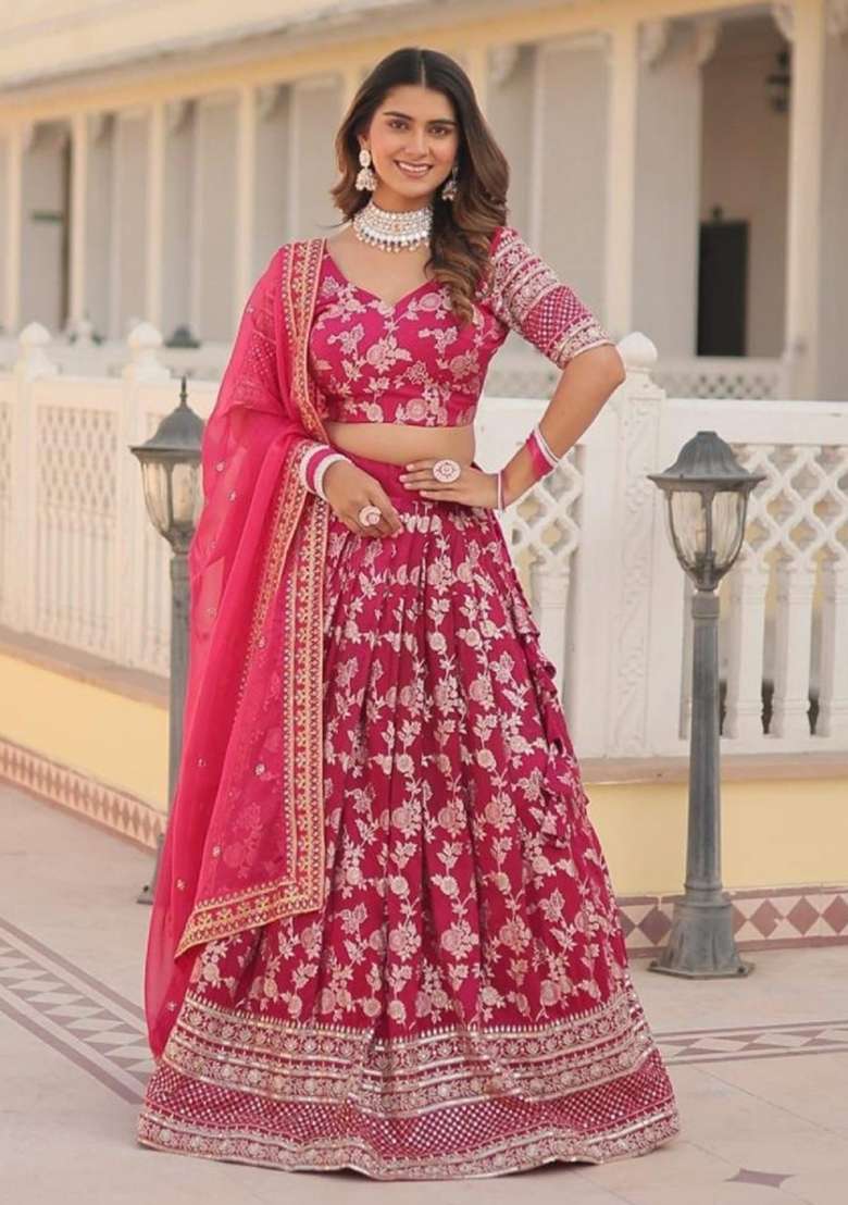 Rani Pink Viscose Lehenga Set with Embroidered for Diwali | Wedding & Festive Wear - Indya