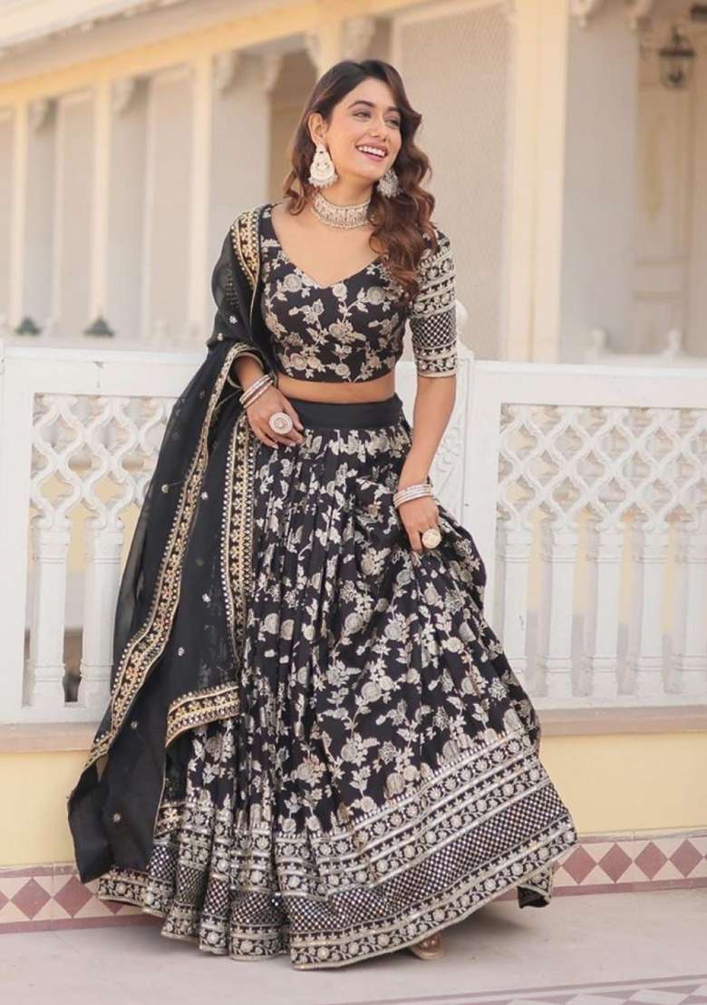 Black Embroidered Viscose Lehenga Set for Diwali and Festive Wear - Indya