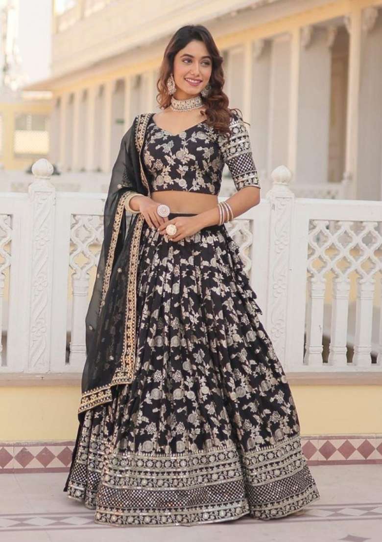 Black Embroidered Viscose Lehenga Set for Diwali and Festive Wear - Indya