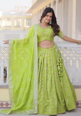 Parrot Green Embroidered Viscose Lehenga Set