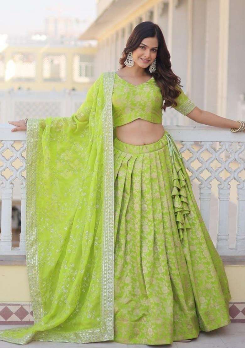 Parrot Green Viscose Lehenga Set with Embroidered for Diwali | Wedding & Festive Wear - Indya