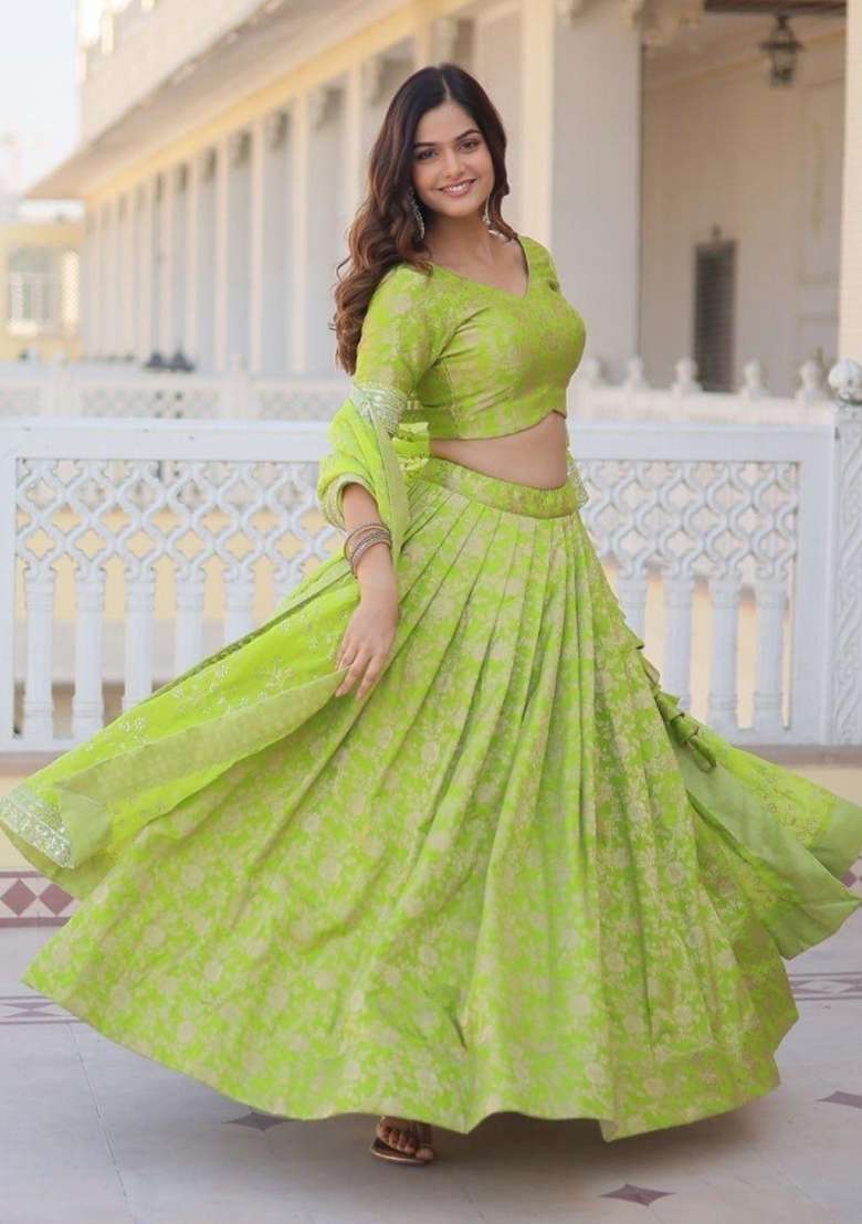 Parrot Green Viscose Lehenga Set with Embroidered for Diwali | Wedding & Festive Wear - Indya