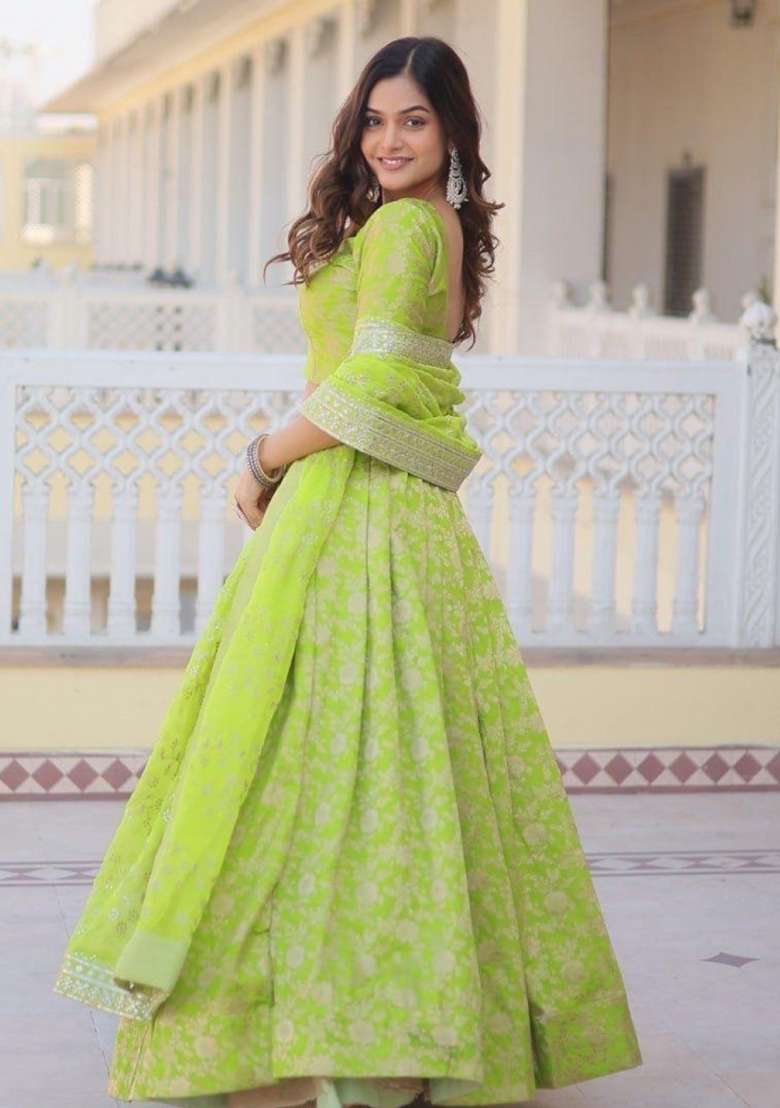 Parrot Green Viscose Lehenga Set with Embroidered for Diwali | Wedding & Festive Wear - Indya