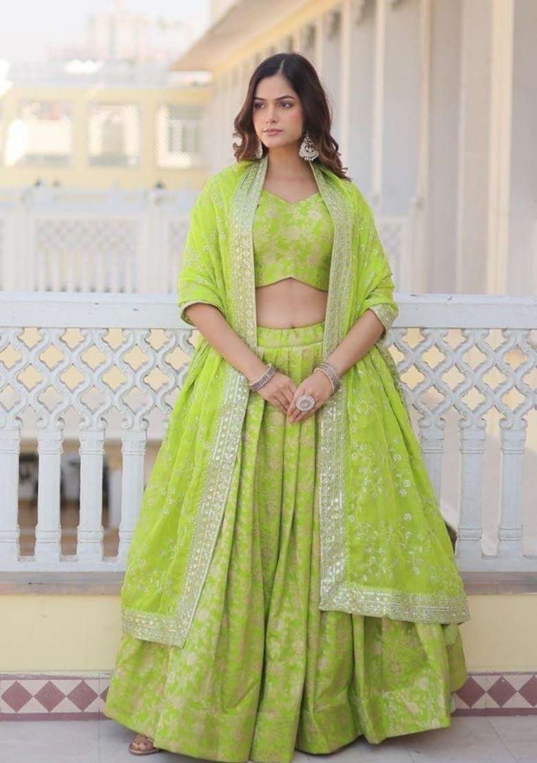 Parrot Green Viscose Lehenga Set with Embroidered for Diwali | Wedding & Festive Wear - Indya