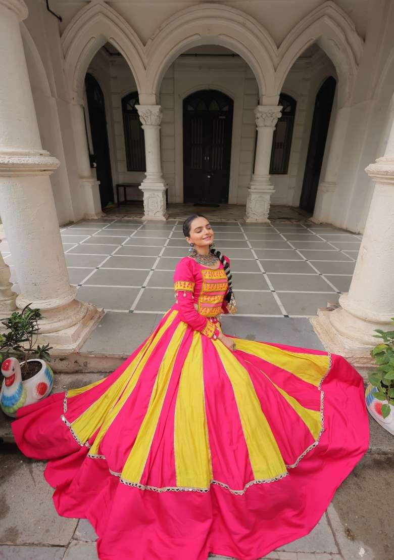 Pink Mirror Work Silk Lehenga Set - Indya