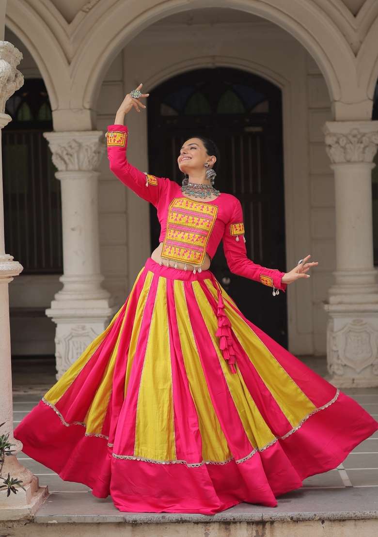 Pink Mirror Work Silk Lehenga Set - Indya