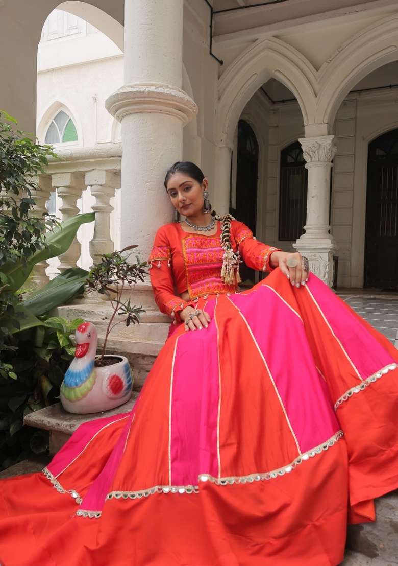 Pink Mirror Work Silk Lehenga Set - Indya