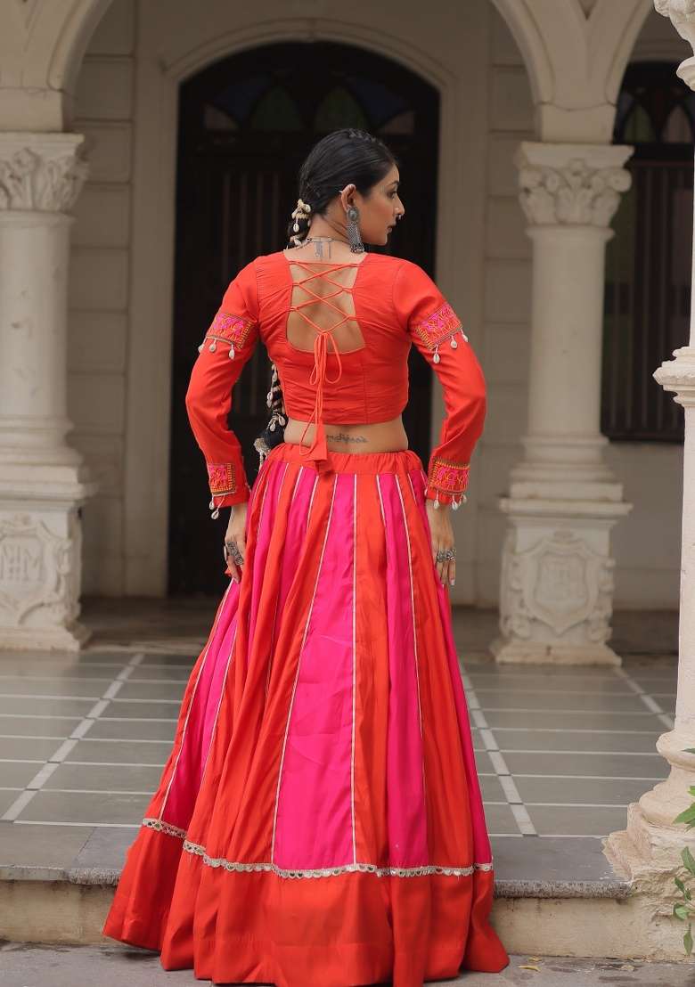 Pink Mirror Work Silk Lehenga Set - Indya