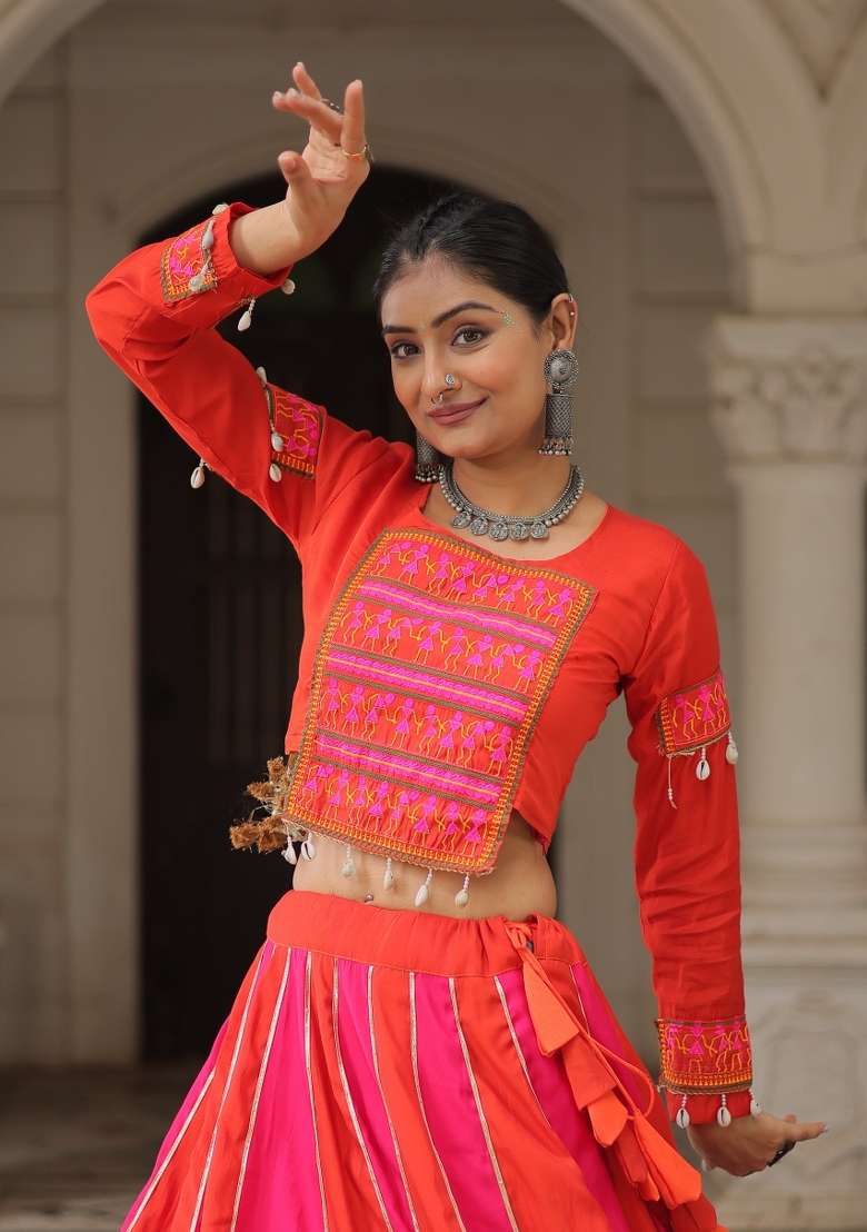 Pink Mirror Work Silk Lehenga Set - Indya