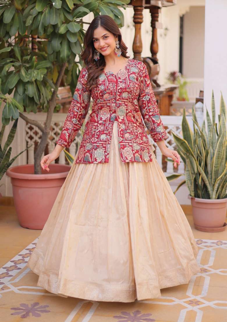 Off White Silk Jacquard Lehenga Set for Diwali | Wedding & Festive Wear - Indya