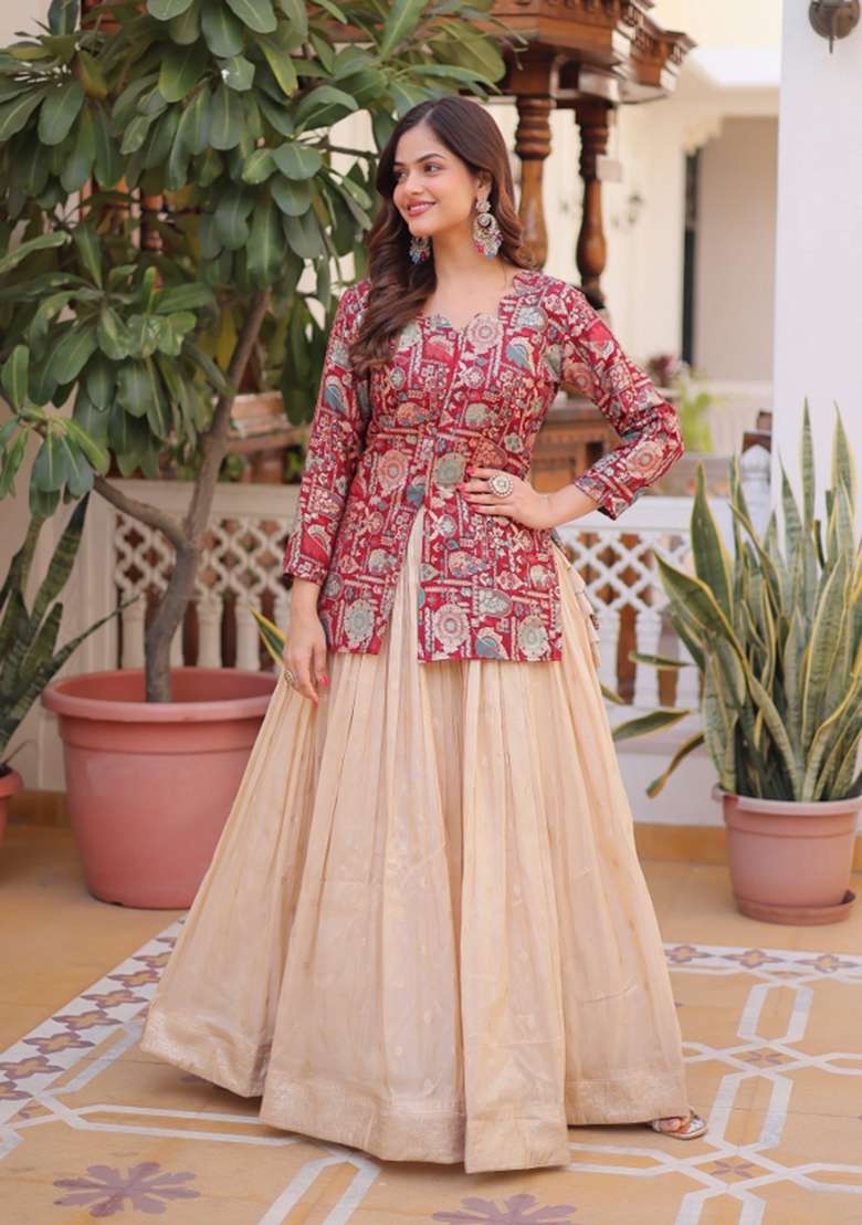 Off White Silk Jacquard Lehenga Set for Diwali | Wedding & Festive Wear - Indya