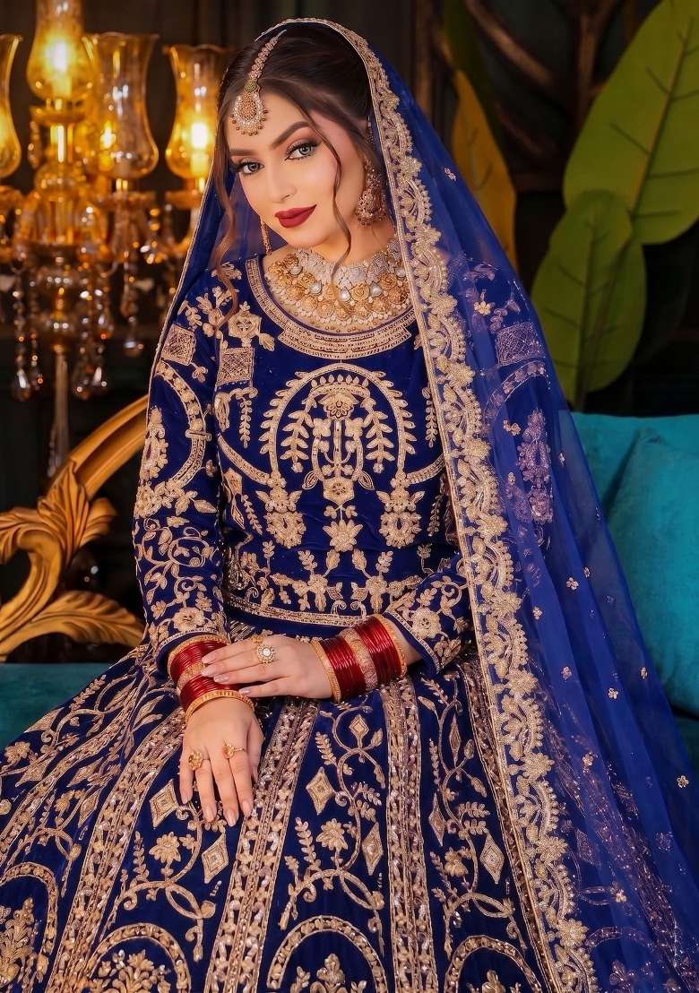 Blue Embroidered Velvet Lehenga Set for Diwali and Festive Wear - Indya