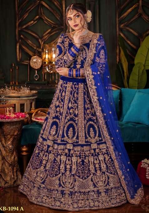 Blue Embroidered Velvet Lehenga Set for Diwali and Festive Wear