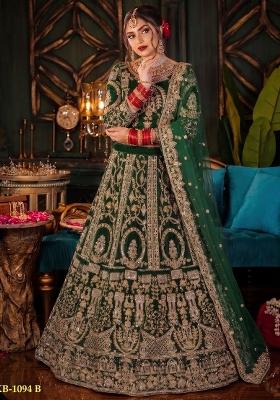 Dark Green Embroidered Velvet Lehenga Set