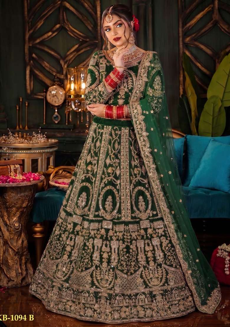Dark Green Embroidered Velvet Lehenga Set for Diwali and Festive Wear - Indya