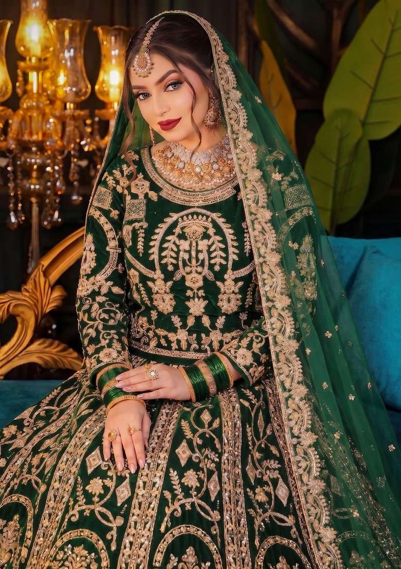 Dark Green Embroidered Velvet Lehenga Set for Diwali and Festive Wear - Indya