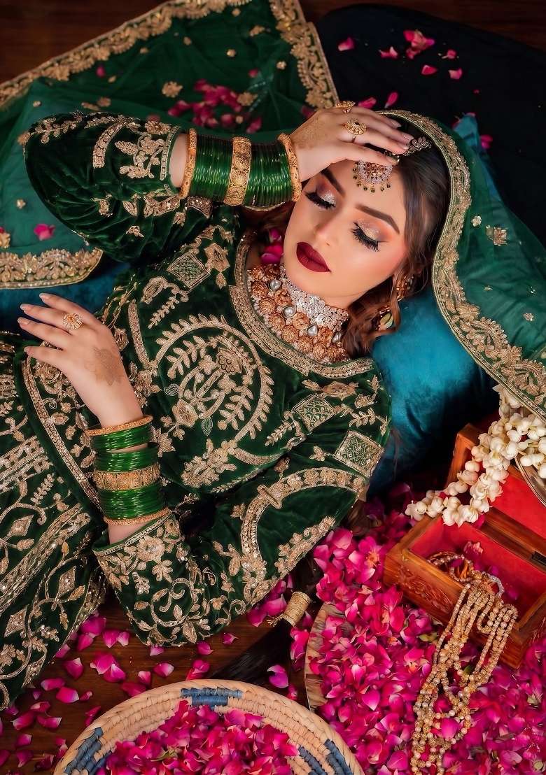 Dark Green Embroidered Velvet Lehenga Set for Diwali and Festive Wear - Indya