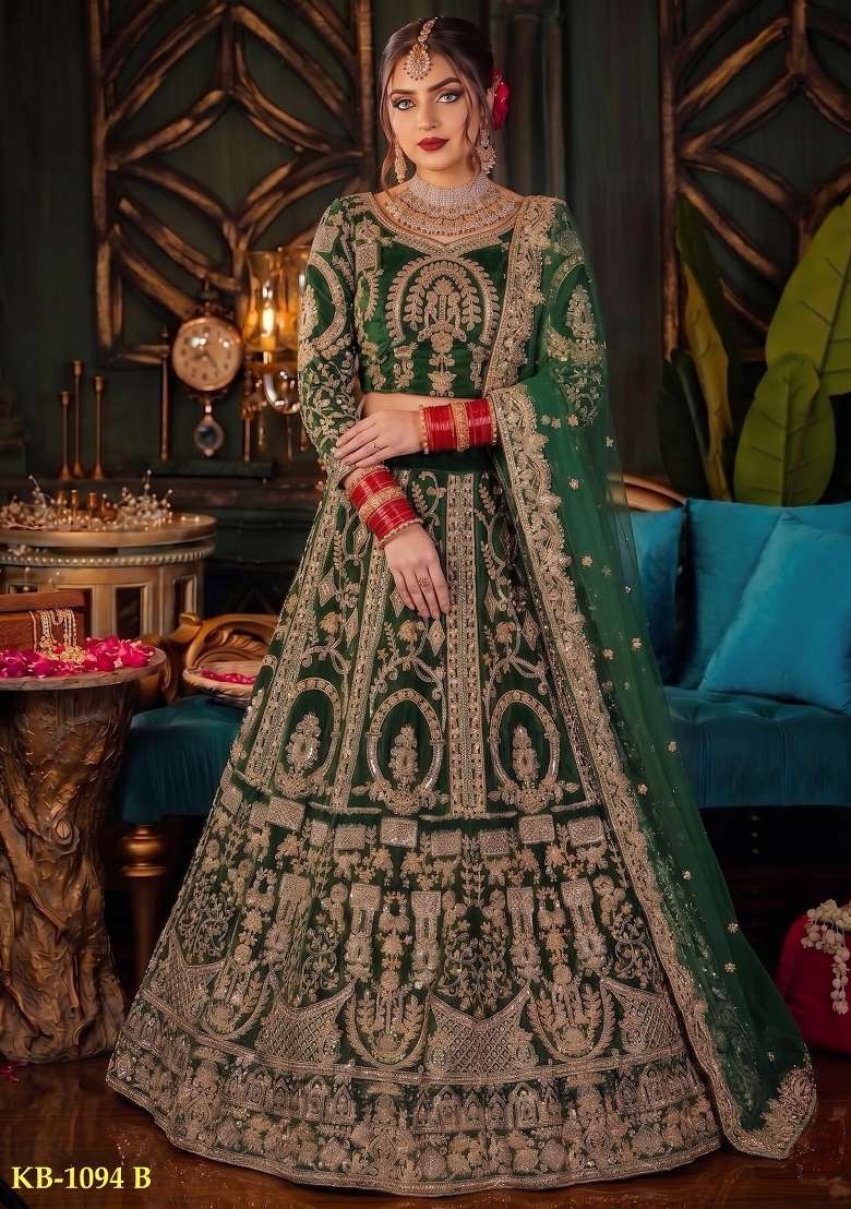 Dark Green Embroidered Velvet Lehenga Set for Diwali and Festive Wear - Indya