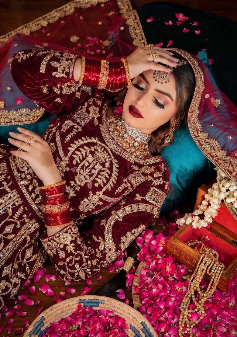 Maroon Embroidered Velvet Lehenga Set for Diwali and Festive Wear - Indya