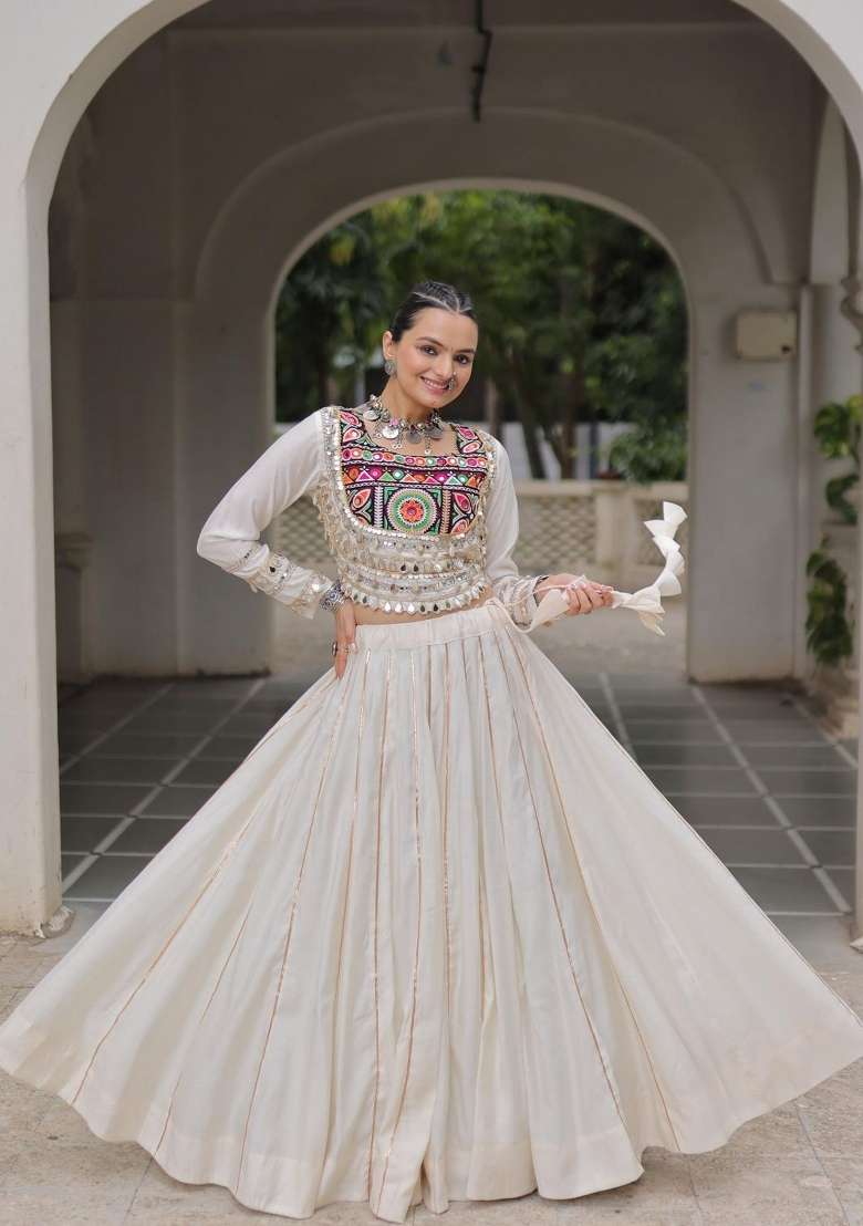 White Gota_Border Silk Lehenga Set - Indya