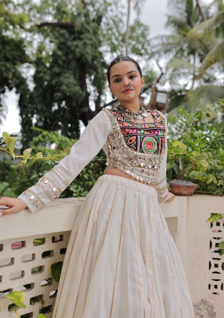 White Gota_Border Silk Lehenga Set - Indya