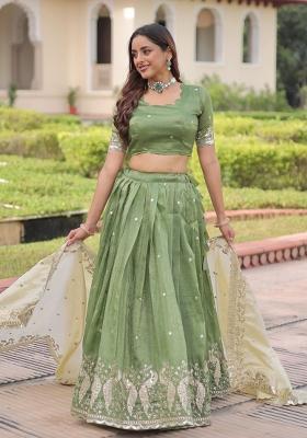 Green Embroidered Silk Lehenga Set