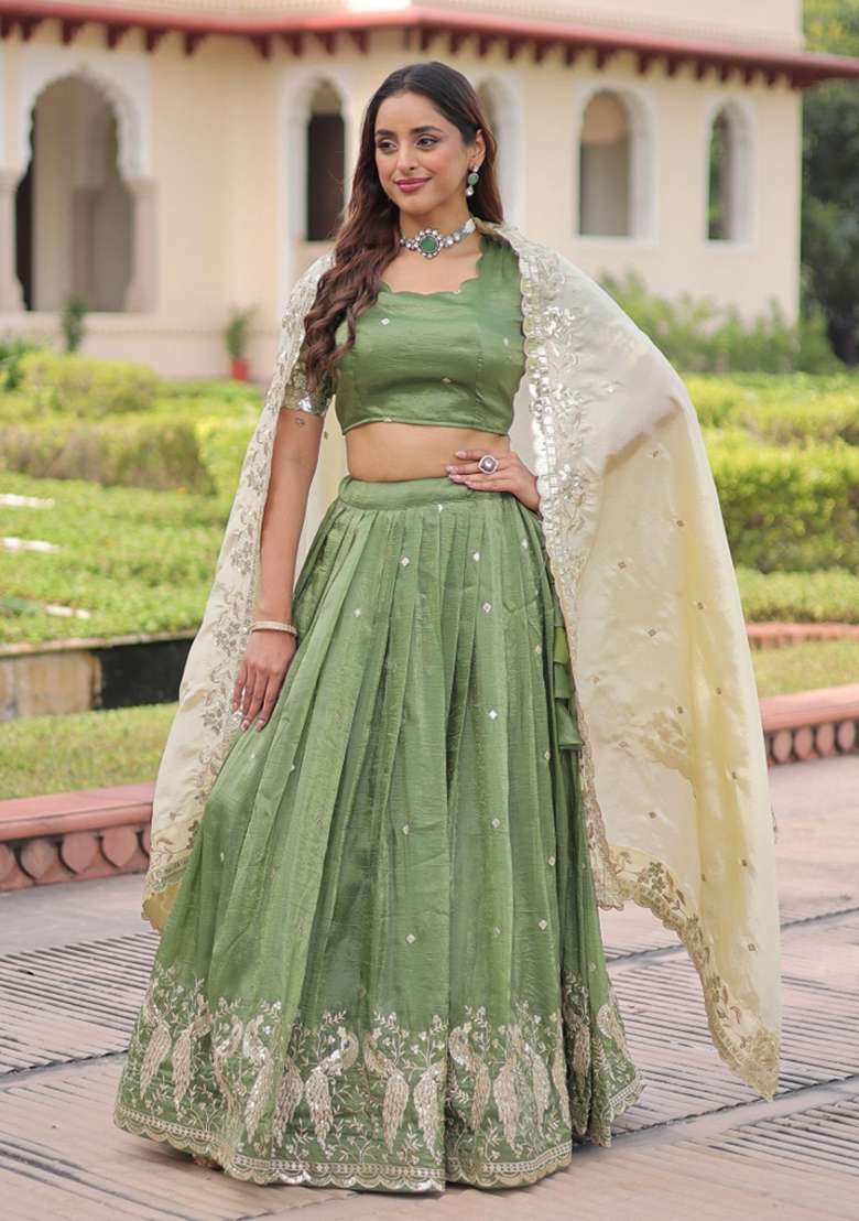 Green Silk Lehenga Set with Embroidered for Diwali | Wedding & Festive Wear - Indya