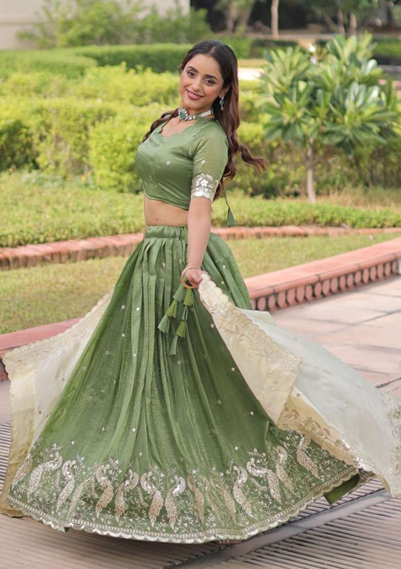 Green Silk Lehenga Set with Embroidered for Diwali | Wedding & Festive Wear - Indya