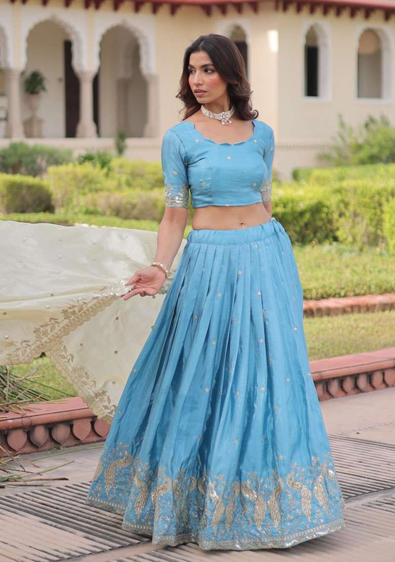 Blue Embroidered Silk Lehenga Set for Diwali and Festive Wear - Indya