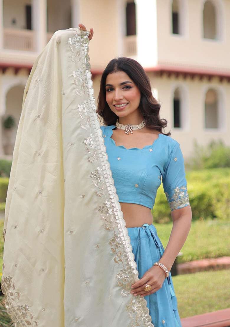 Blue Embroidered Silk Lehenga Set for Diwali and Festive Wear - Indya