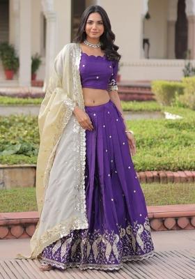 Violet Embroidered Silk Lehenga Set