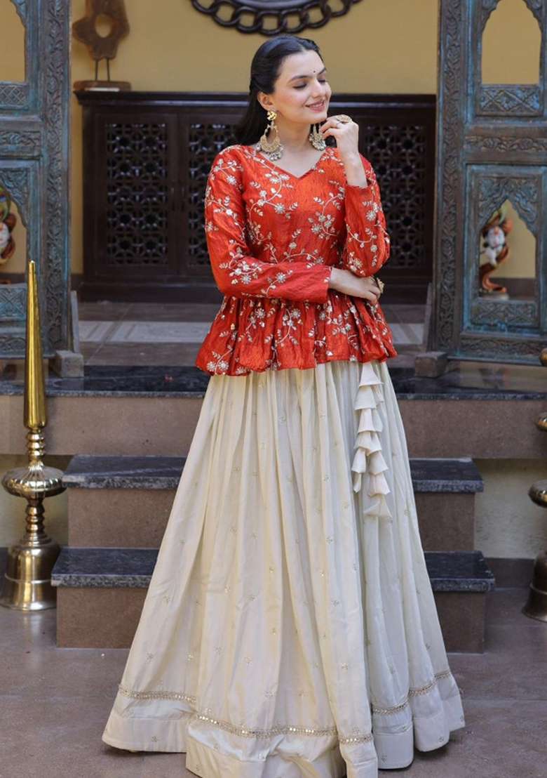Orange Sequin Work Silk Lehenga Set - Indya