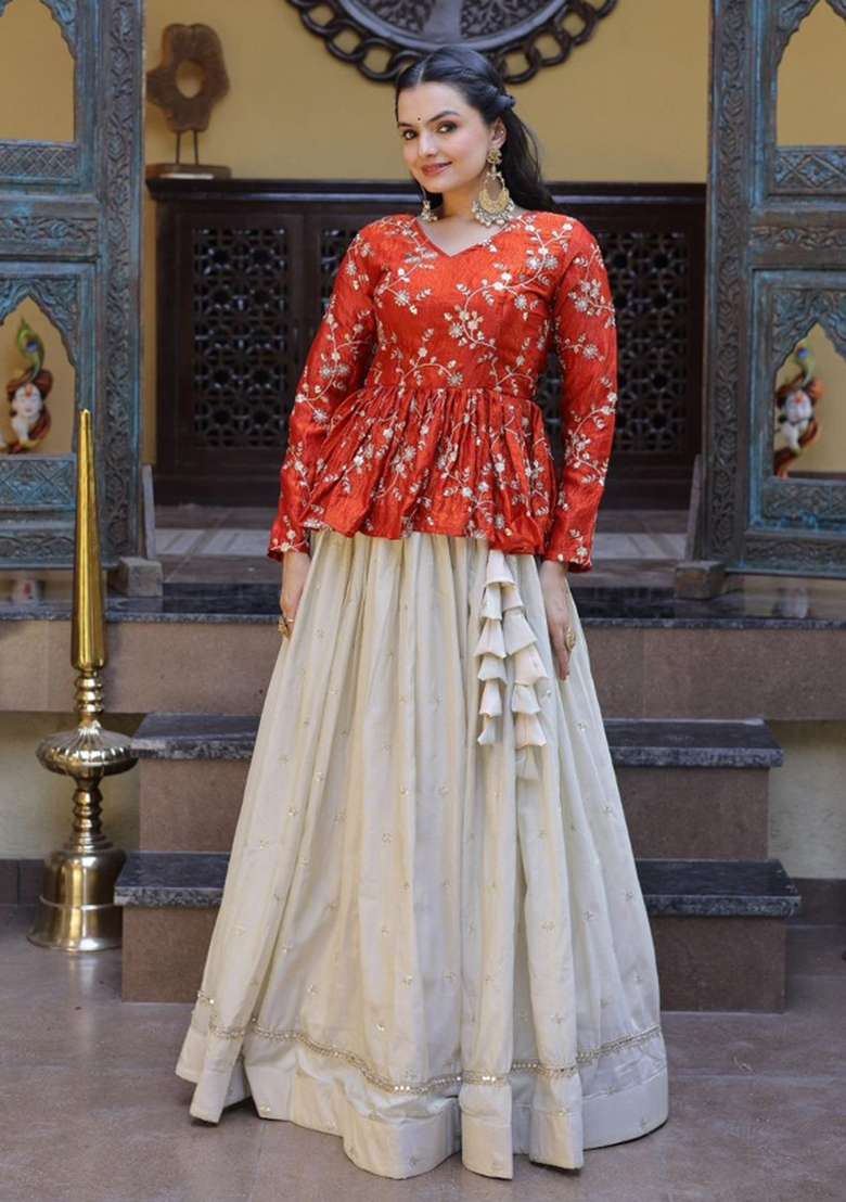 Orange Sequin Work Silk Lehenga Set - Indya