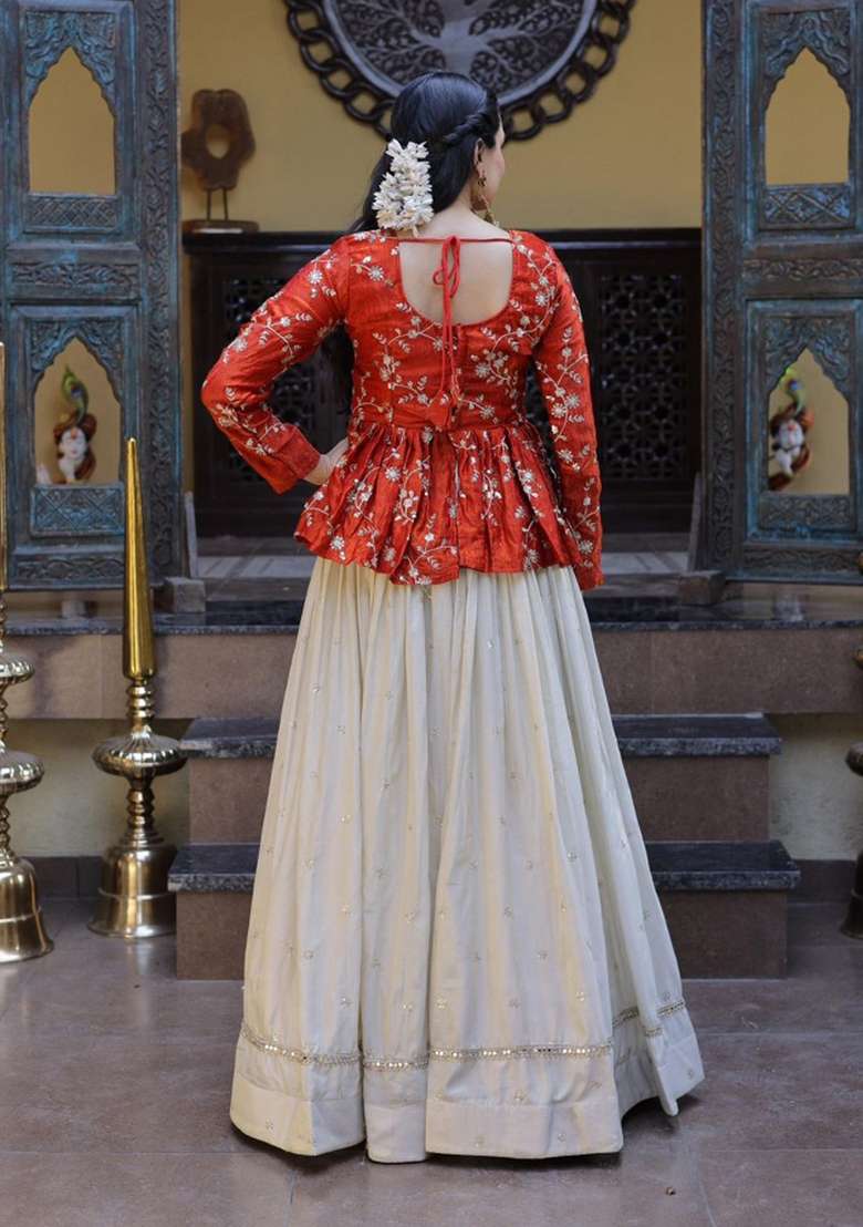 Orange Sequin Work Silk Lehenga Set - Indya