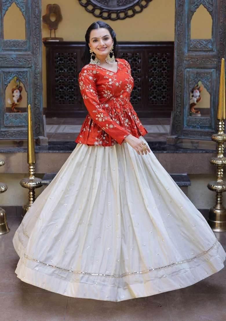 Orange Sequin Work Silk Lehenga Set - Indya