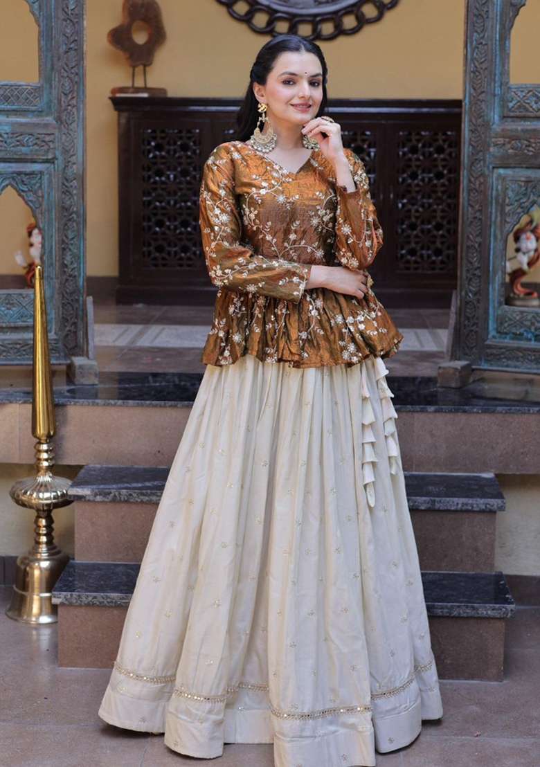 Mustard Work Silk Lehenga Set with Sequin for Diwali | Wedding & Festive Wear - Indya