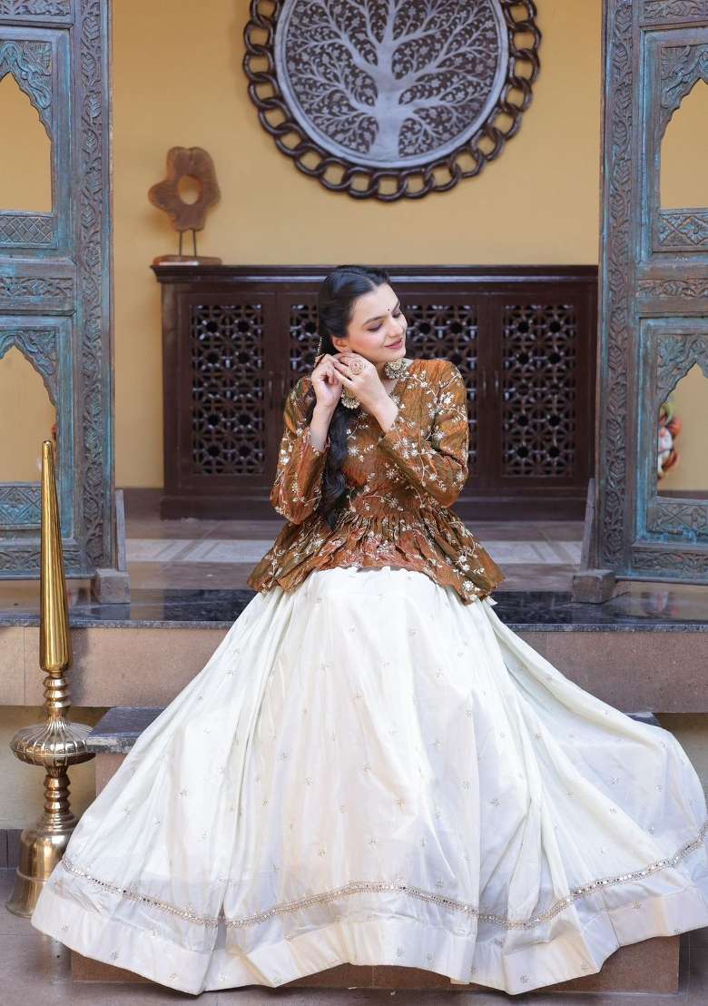 Mustard Work Silk Lehenga Set with Sequin for Diwali | Wedding & Festive Wear - Indya