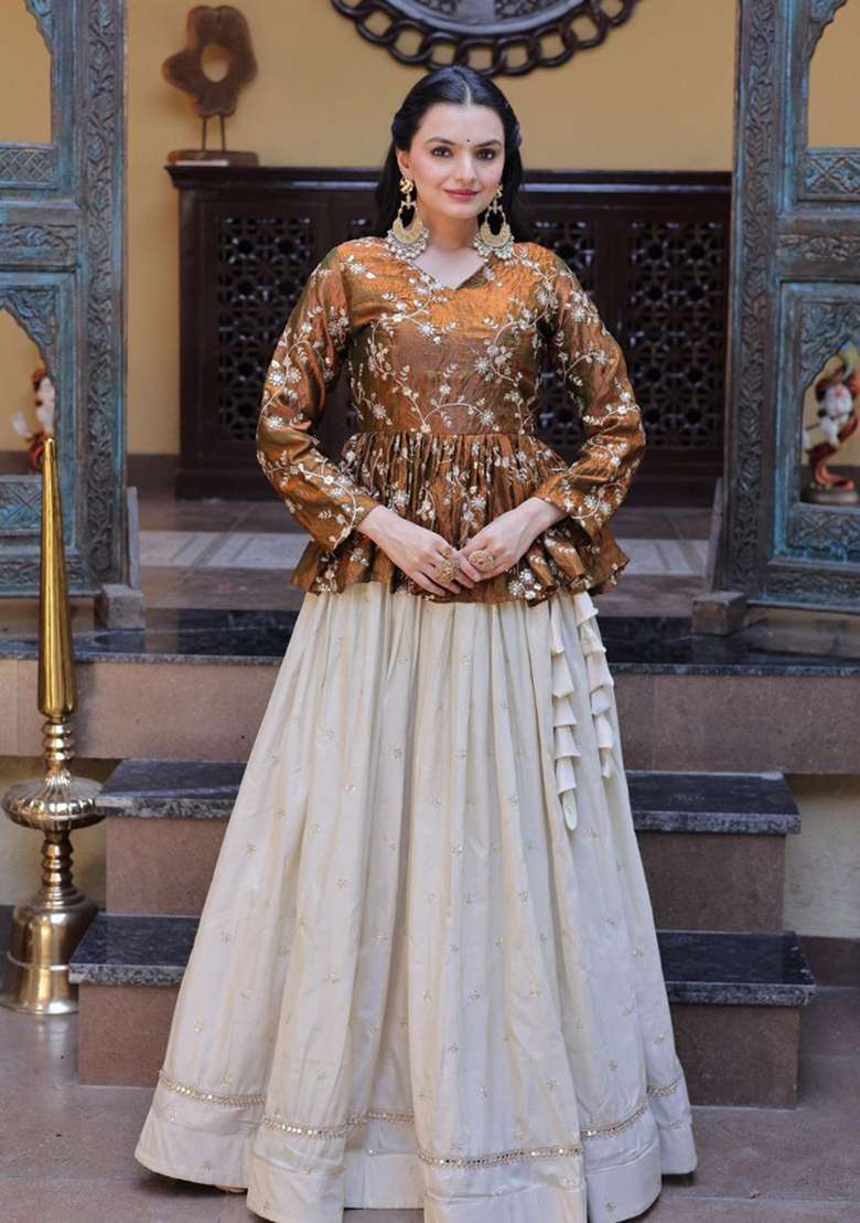 Mustard Work Silk Lehenga Set with Sequin for Diwali | Wedding & Festive Wear - Indya