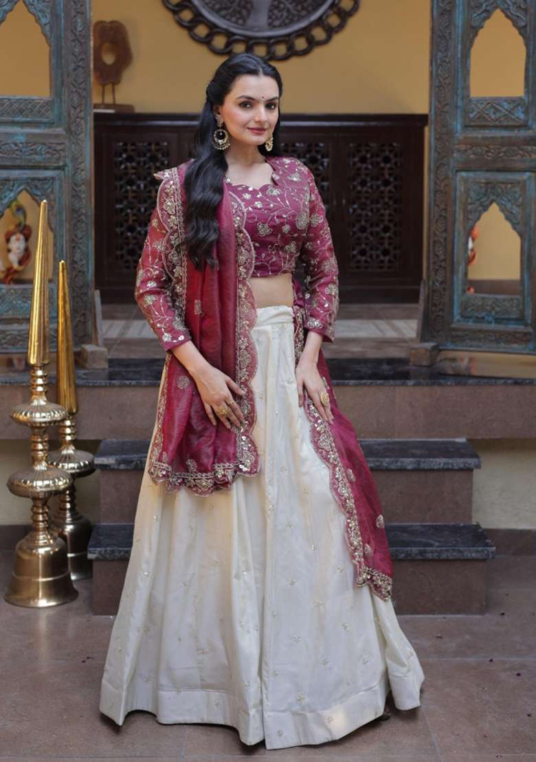 Maroon Embroidered Silk Lehenga Set for Diwali and Festive Wear - Indya