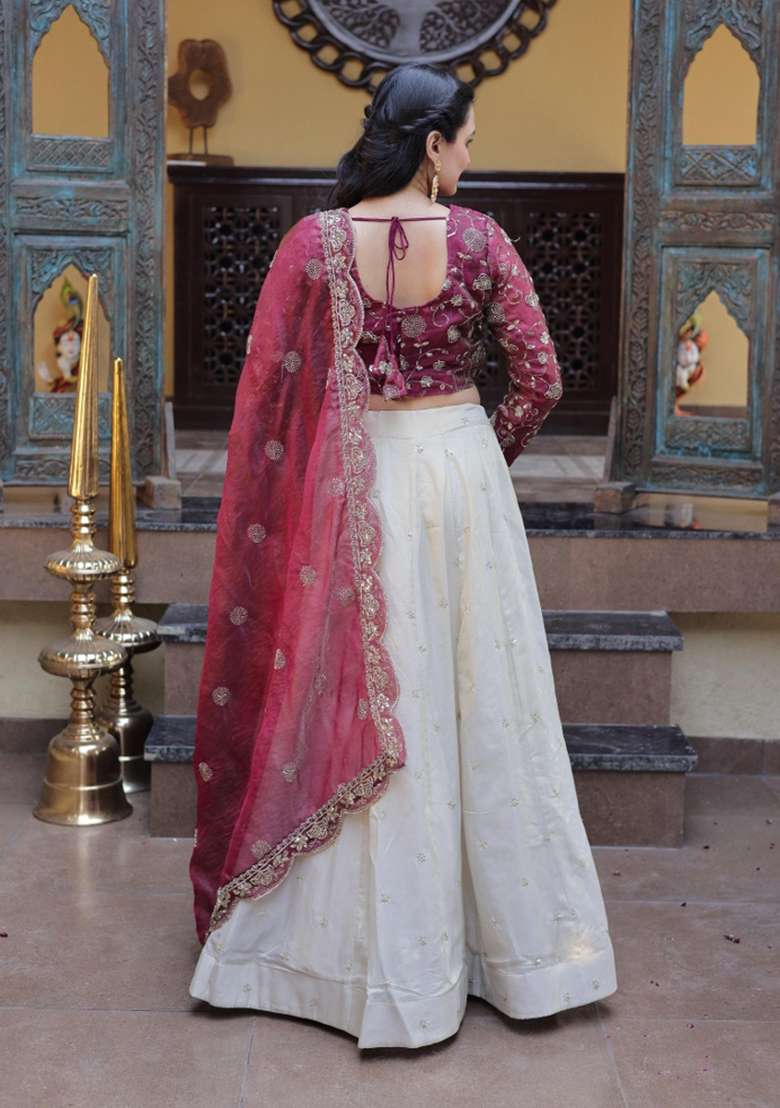 Maroon Embroidered Silk Lehenga Set for Diwali and Festive Wear - Indya
