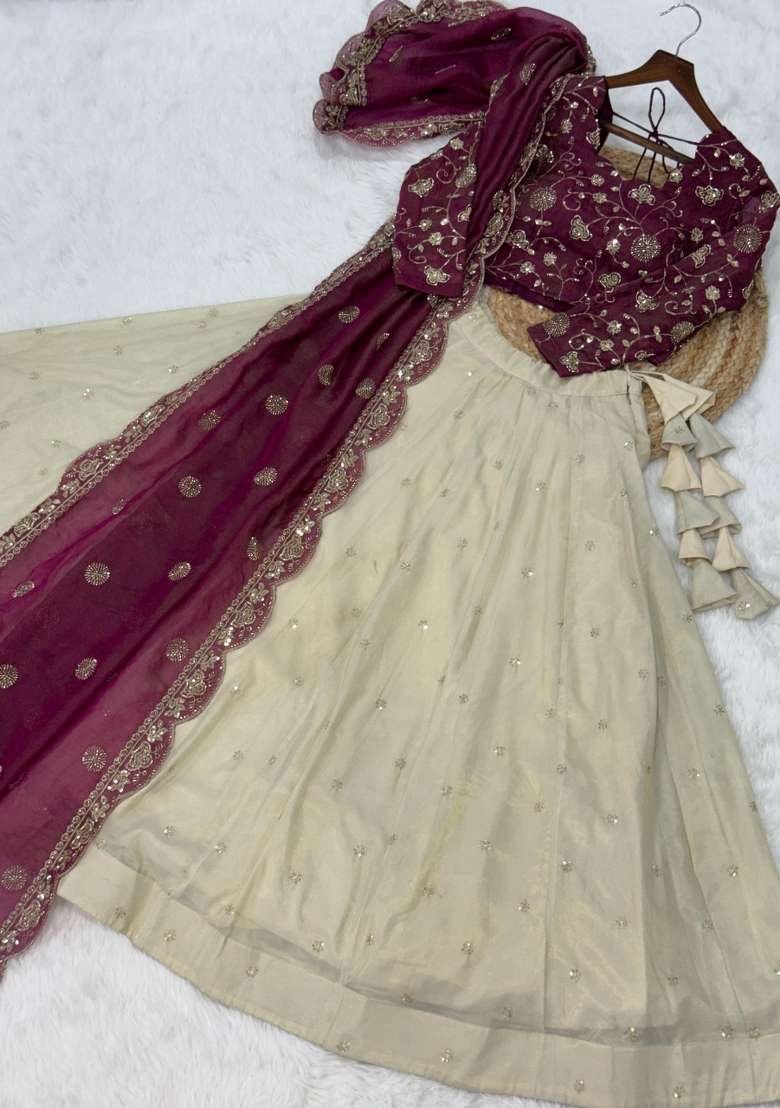 Maroon Embroidered Silk Lehenga Set for Diwali and Festive Wear - Indya
