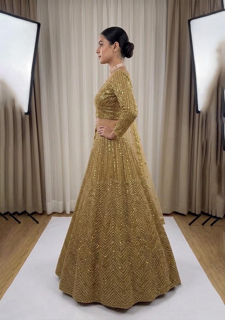 Golden Sequin Work Silk Lehenga Set - Indya
