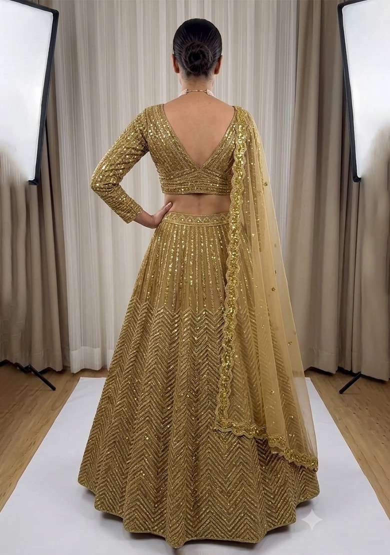 Golden Sequin Work Silk Lehenga Set - Indya