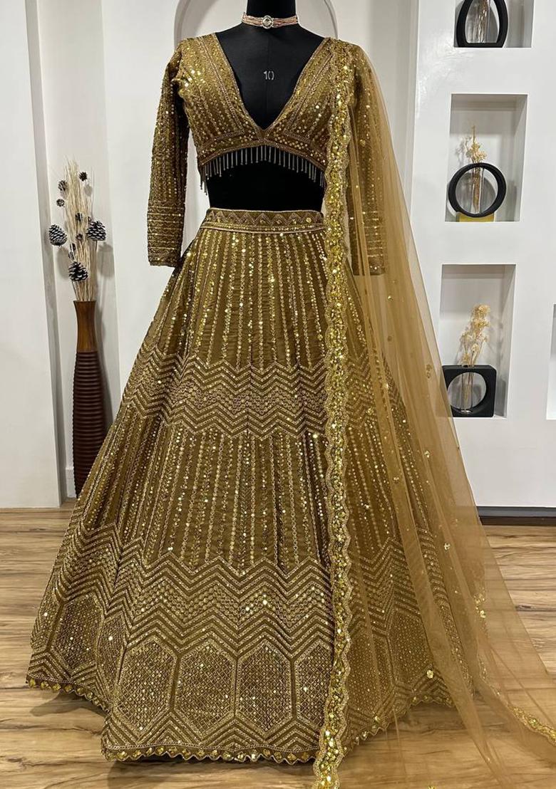 Golden Sequin Work Silk Lehenga Set - Indya