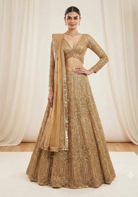 Golden Sequin Work Silk Lehenga Set