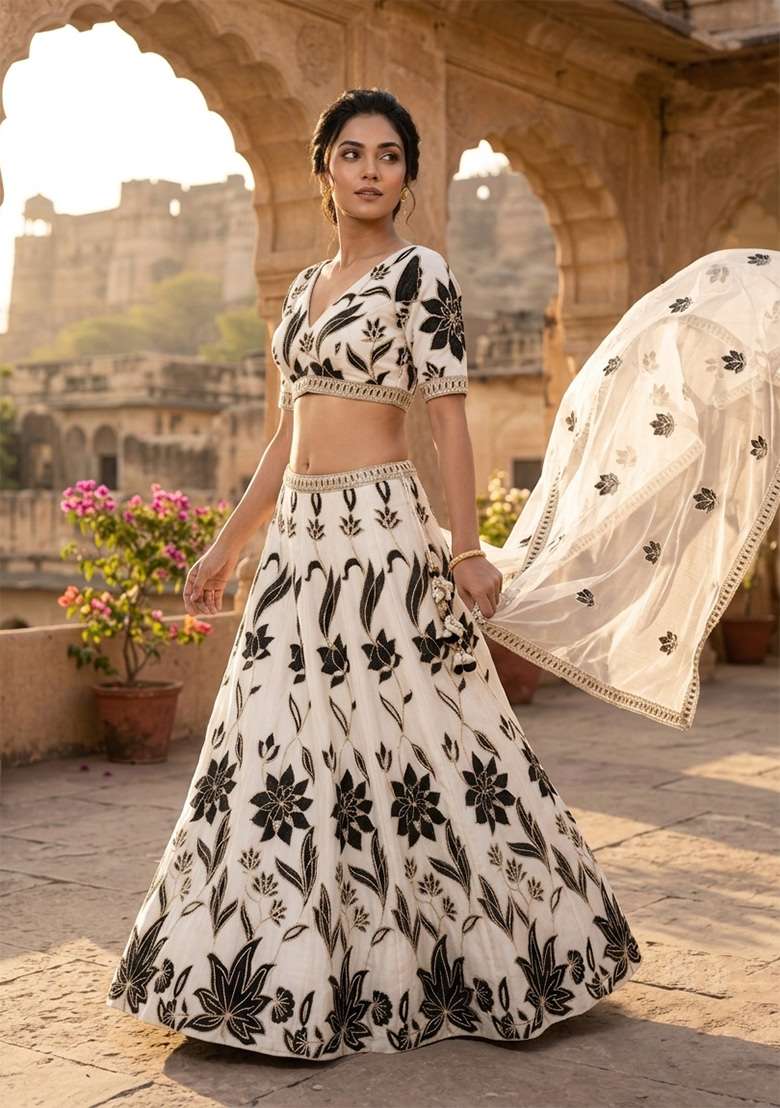 White Work Georgette Lehenga Set with Sequin for Diwali | Wedding & Festive Wear - Indya