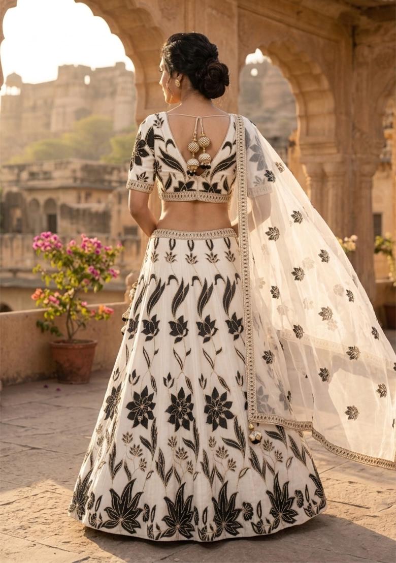 White Sequin Work Georgette Lehenga Set - Indya