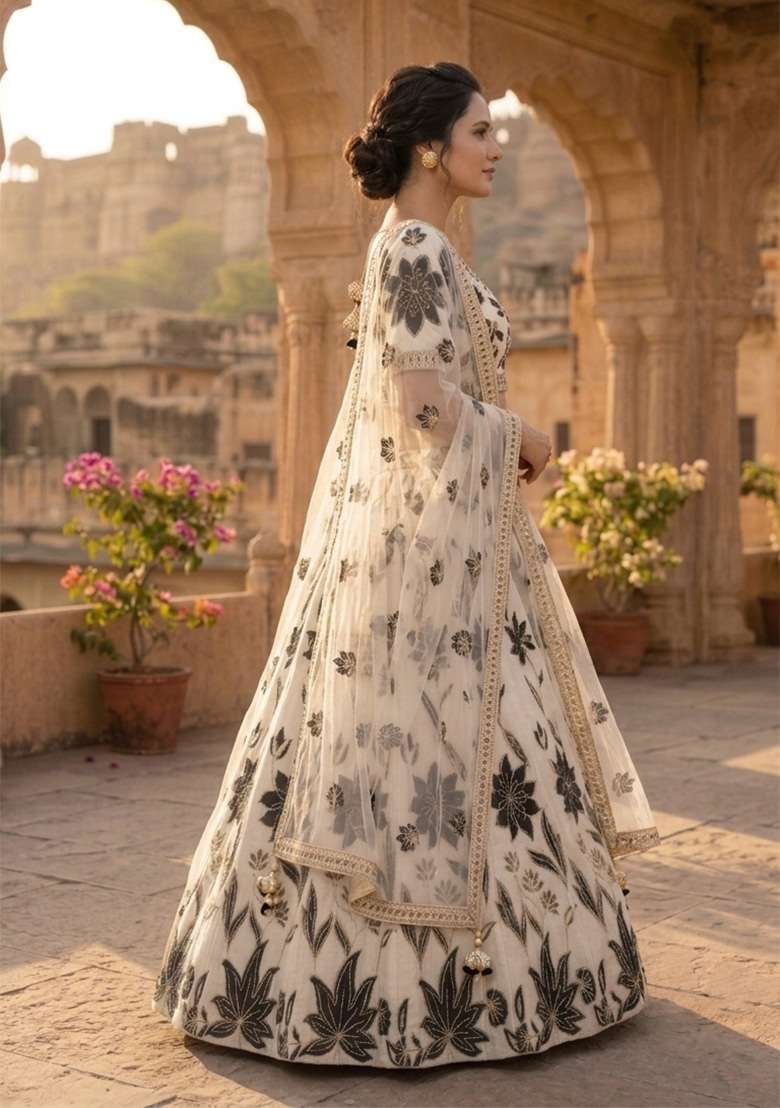 White Work Georgette Lehenga Set with Sequin for Diwali | Wedding & Festive Wear - Indya