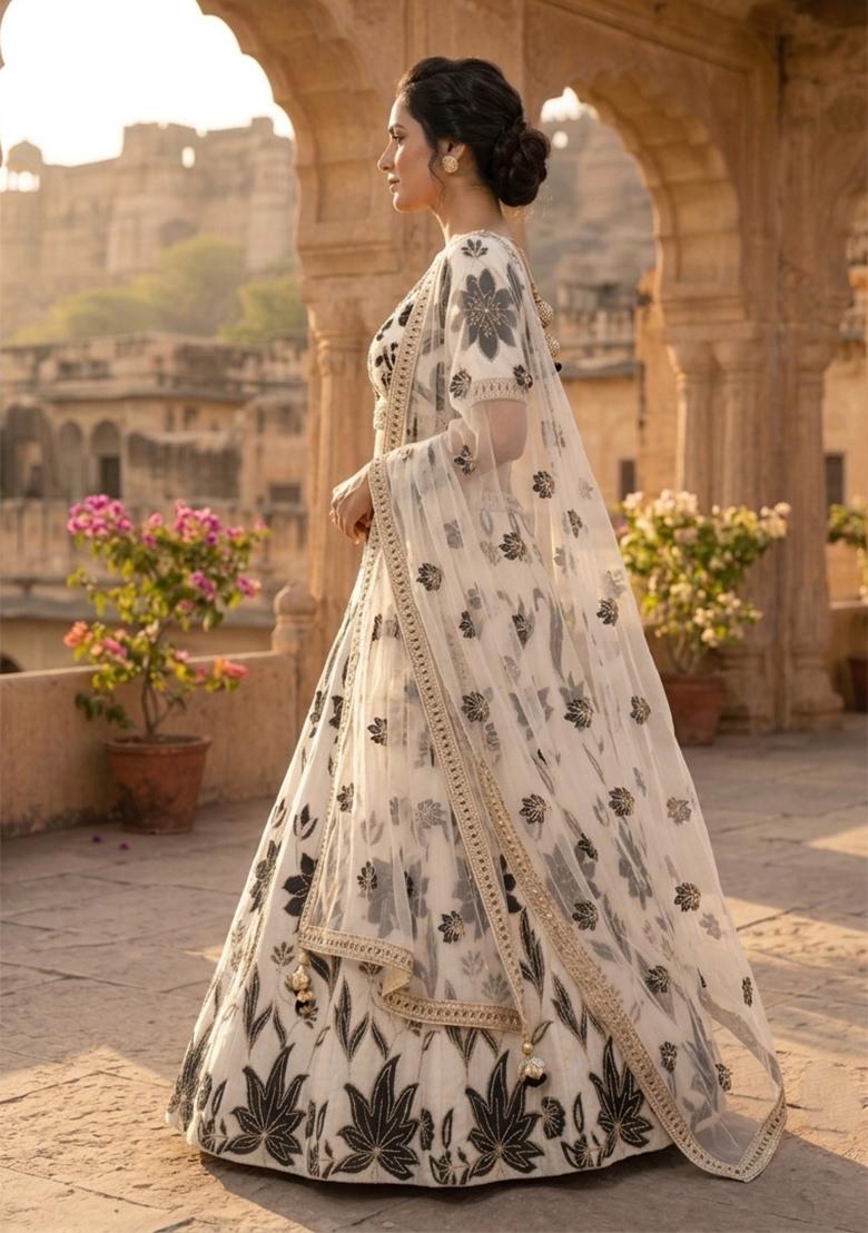 White Sequin Work Georgette Lehenga Set - Indya